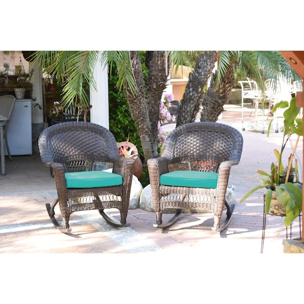 Jeco W00201R-A-2-FS032 Espresso Rocker Wicker Chair with Turquoise Cushion, 2PK W00201R-A_2-FS032 - main